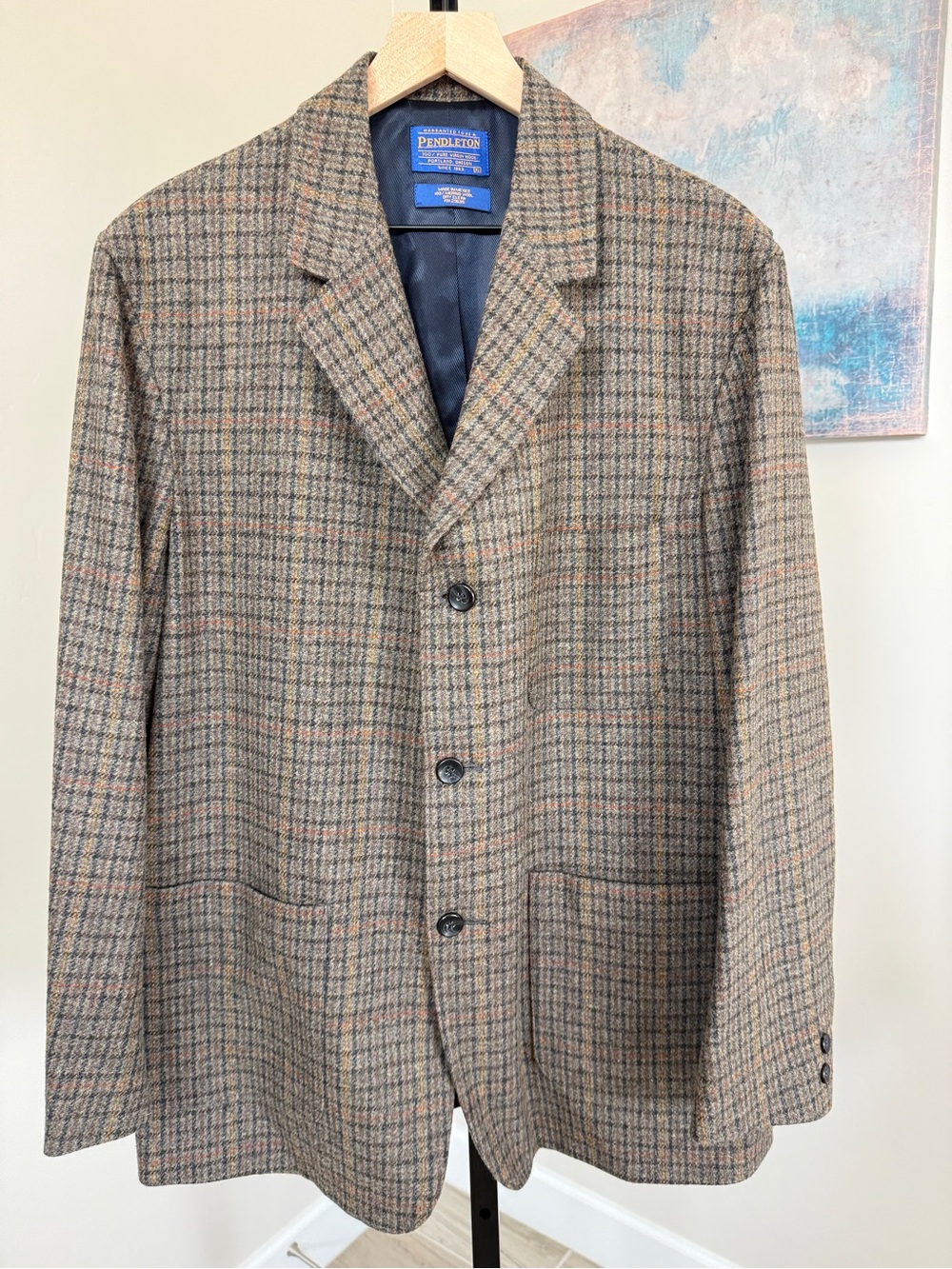 Pendleton Vintage Y2K Mens XL Merino Wool Plaid Blazer Sport Coat Brown Gray